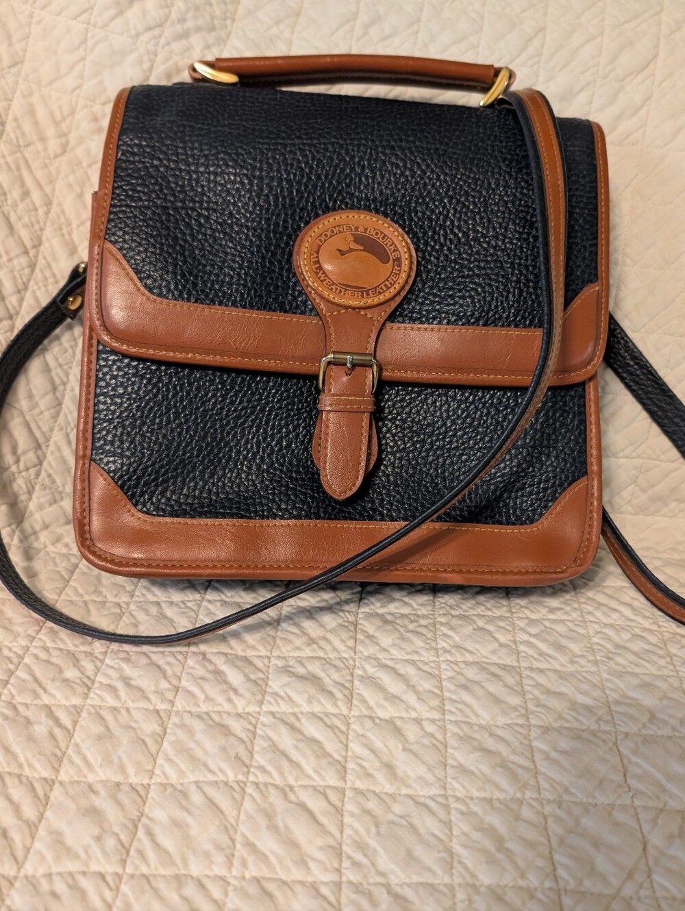 Dooney & Bourke Navy and Brown Pebble Leather Crossbody Satchel